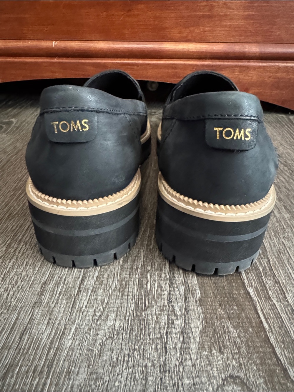 TOMS Cara Black Leather Penny Loafers with Tan Trim - Picture 6 of 9
